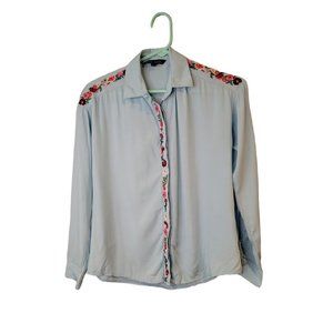 Andre Badi Size 26 Small Women's Top Blue Floral Embroidered Button Up Blouse